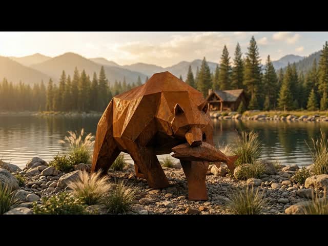 Large Corten Steel Grizzly Bear Sculpture Low Poly Geometric Bear With Fish Statue Outdoor Garden Decor Rusted Metal Lawn Art